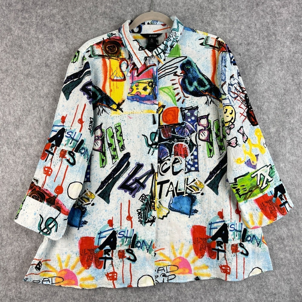 Ali Miles Tunic Top Womens XL Doodle Graffiti Print Button Up Pocket Artsy Boho - Picture 1 of 15